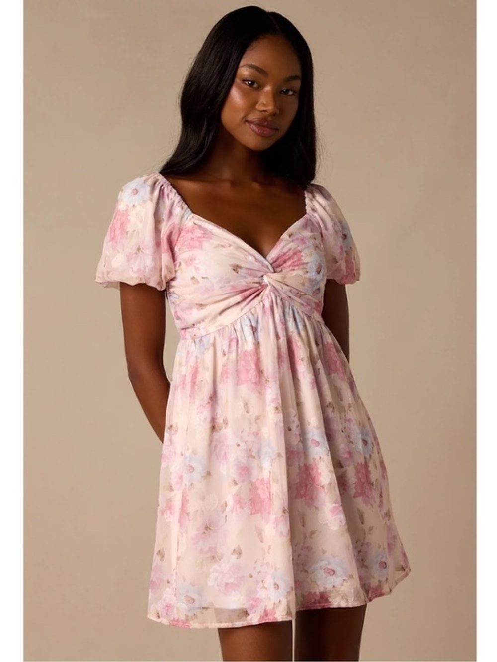 NWT Lulu’s Fresh Florals Cream Floral Print Puff Sleeve Mini Dress Chic Romantic